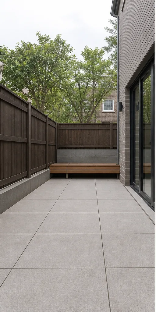 Unedited bare urban garden patio with concrete paving and a bench