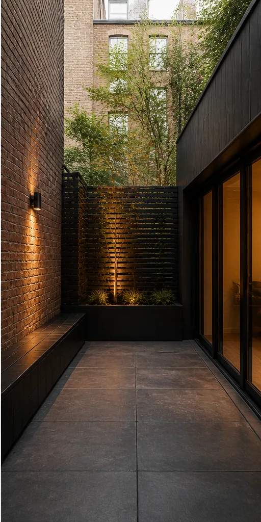 bare urban garden patio with concrete paving and a bench after the reference-guided edit