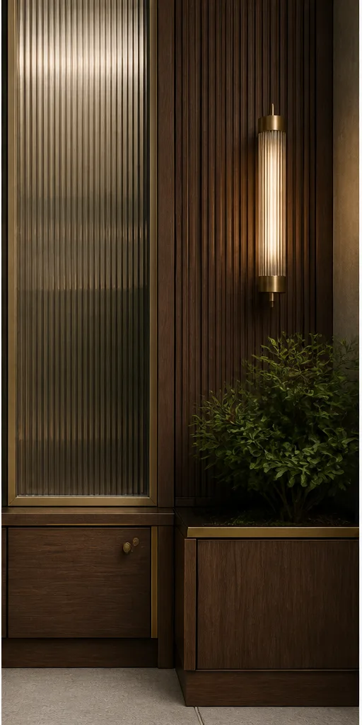 Reference for contemporary Art Deco design with fluted glass, walnut, and muted brass