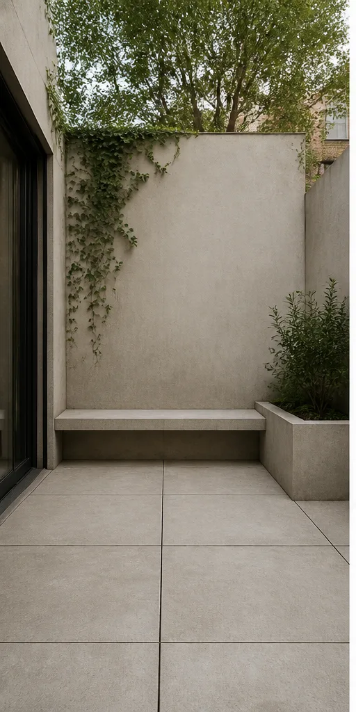 Unedited bare urban garden patio with concrete paving and a bench