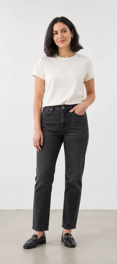 On-model base shot: an adult woman in a cream T-shirt and dark jeans in a bright minimal studio