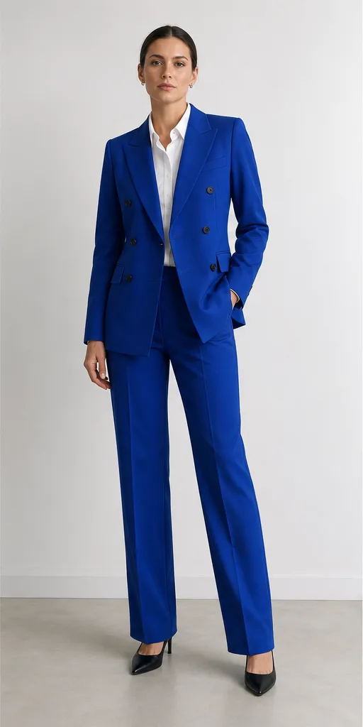Garment to photograph: cobalt tailored double-breasted suit with a clean white shirt