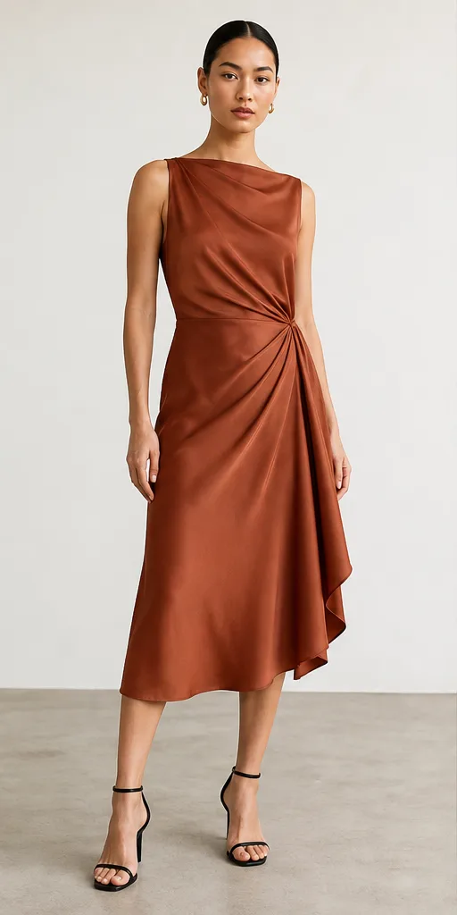 Garment to photograph: rust silk midi dress with asymmetric draping and subtle sheen