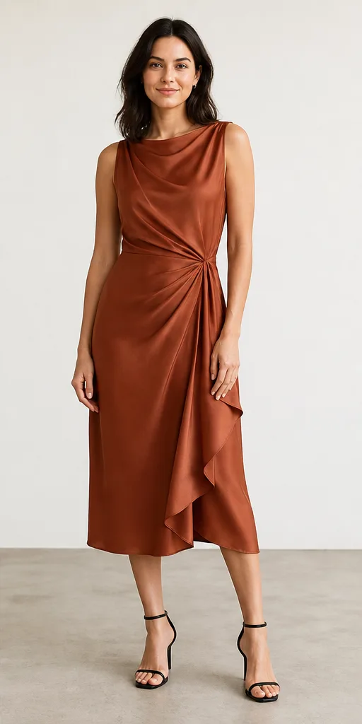 On-model product photo of rust silk midi dress with asymmetric draping and subtle sheen