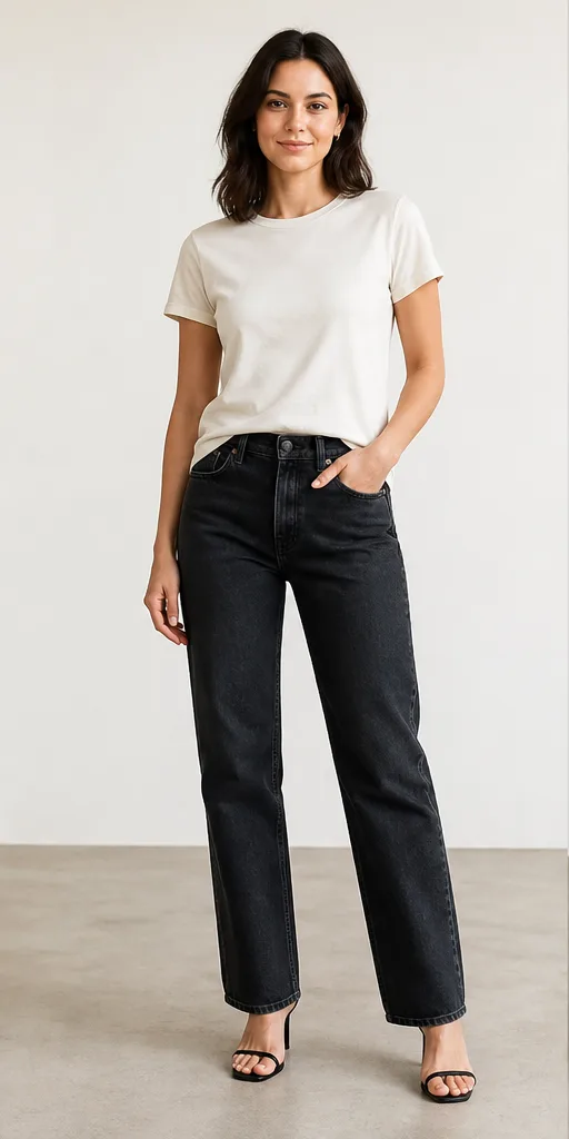 On-model base shot: an adult woman in a cream T-shirt and dark jeans in a bright minimal studio