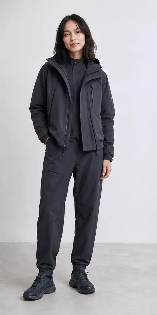 On-model product photo of charcoal technical streetwear set with a layered jacket and tapered trousers