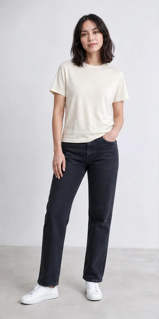 On-model base shot: an adult woman in a cream T-shirt and dark jeans in a bright minimal studio