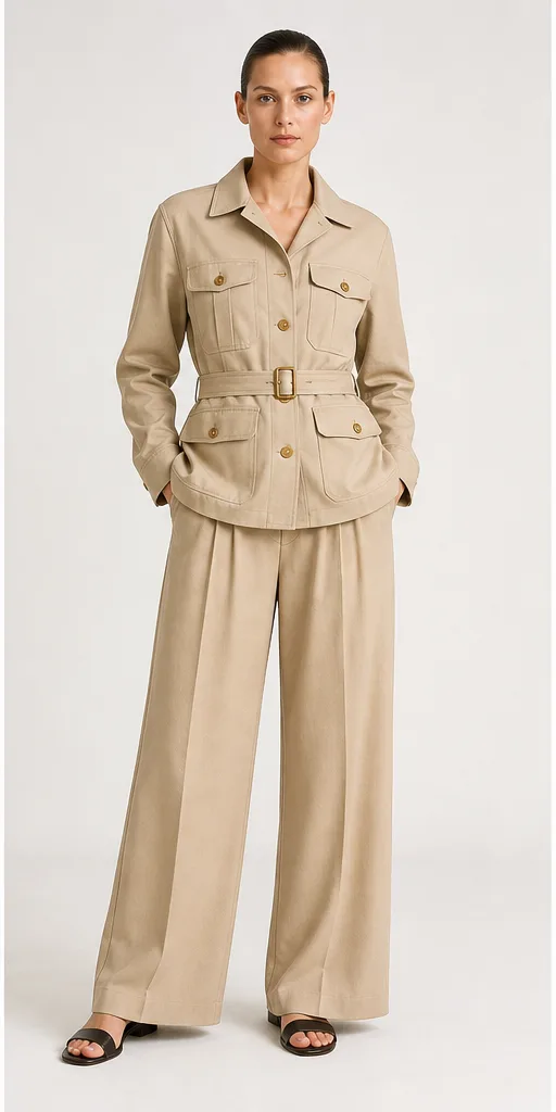 Garment to photograph: sand safari jacket with matching pleated wide-leg trousers