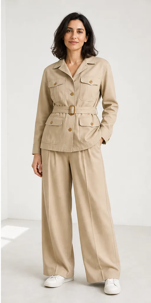 On-model product photo of sand safari jacket with matching pleated wide-leg trousers