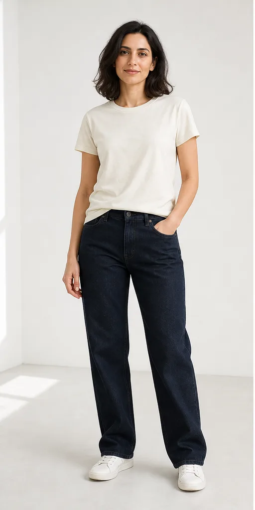 On-model base shot: an adult woman in a cream T-shirt and dark jeans in a bright minimal studio