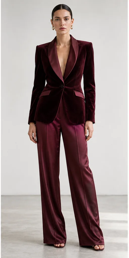 Garment to photograph: deep burgundy evening ensemble with a velvet blazer and satin trousers