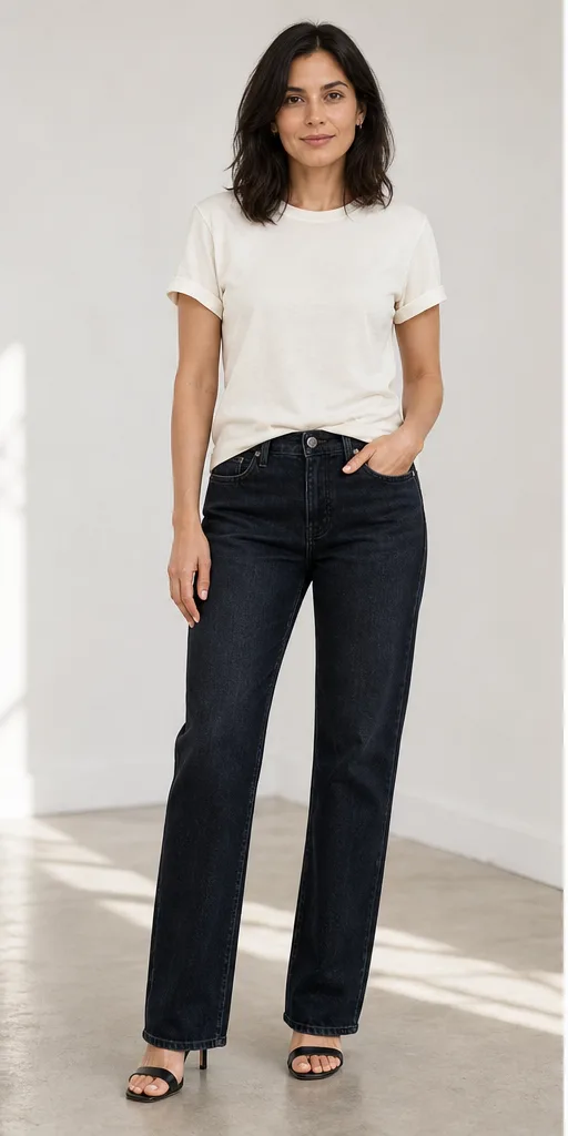 On-model base shot: an adult woman in a cream T-shirt and dark jeans in a bright minimal studio