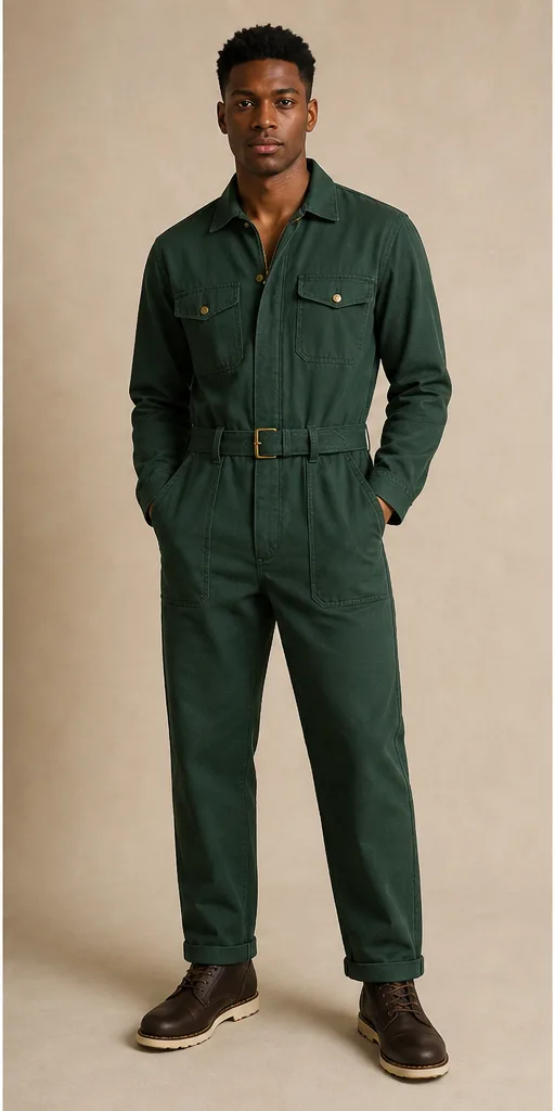 Garment to photograph: forest-green utility jumpsuit with brass hardware and a belted waist