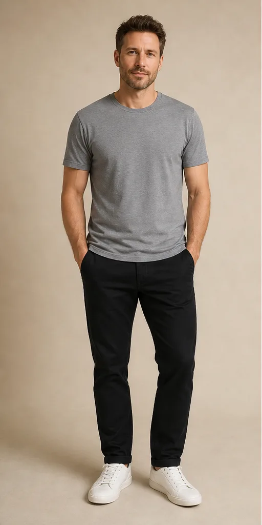 On-model base shot: an adult man in a gray T-shirt and black chinos on a soft beige studio set