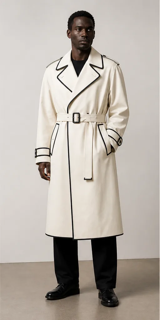 Garment to photograph: ivory architectural trench coat with crisp black piping