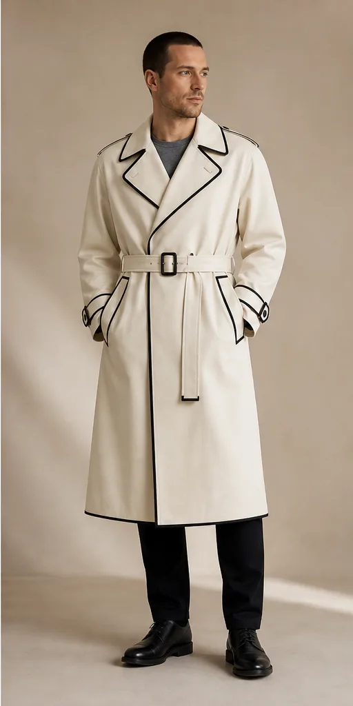 On-model product photo of ivory architectural trench coat with crisp black piping