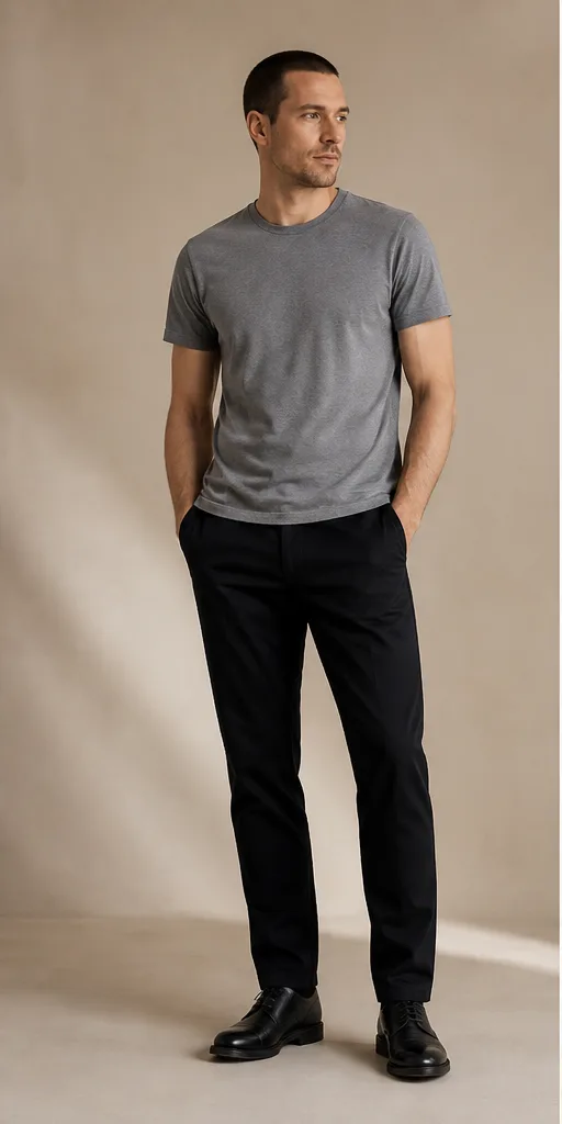 On-model base shot: an adult man in a gray T-shirt and black chinos on a soft beige studio set