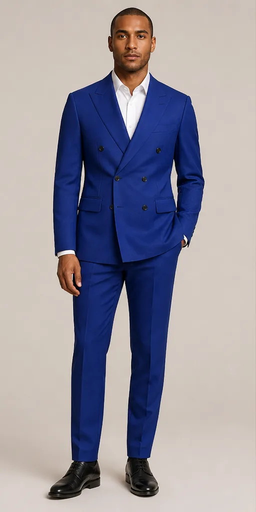 Garment to photograph: cobalt tailored double-breasted suit with a clean white shirt