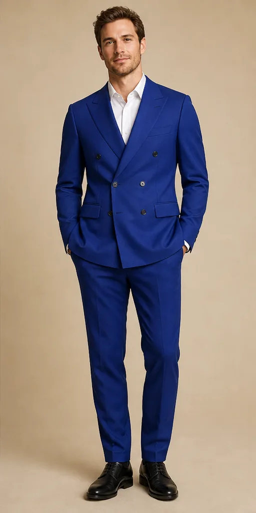On-model product photo of cobalt tailored double-breasted suit with a clean white shirt