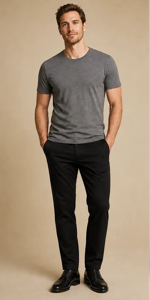 On-model base shot: an adult man in a gray T-shirt and black chinos on a soft beige studio set