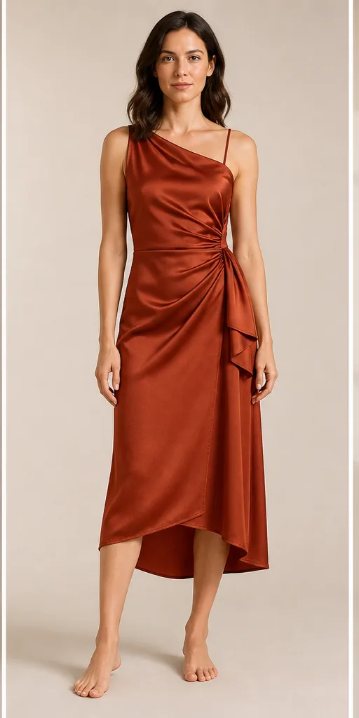 Garment to photograph: rust silk midi dress with asymmetric draping and subtle sheen