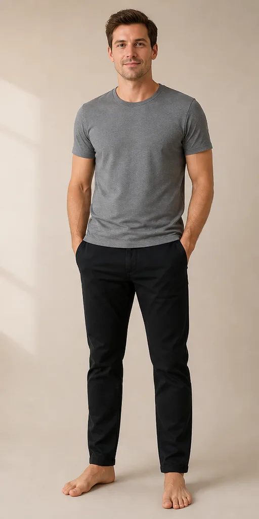 On-model base shot: an adult man in a gray T-shirt and black chinos on a soft beige studio set