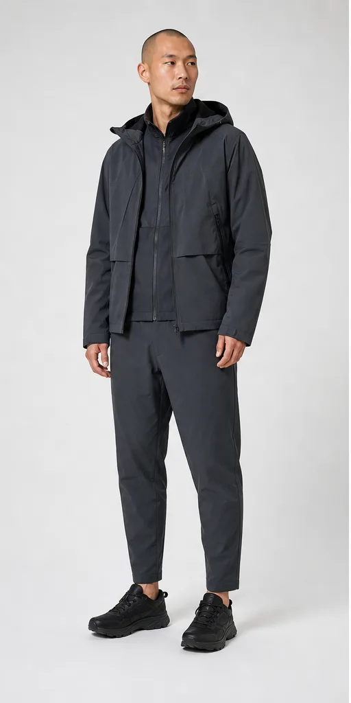 Garment to photograph: charcoal technical streetwear set with a layered jacket and tapered trousers