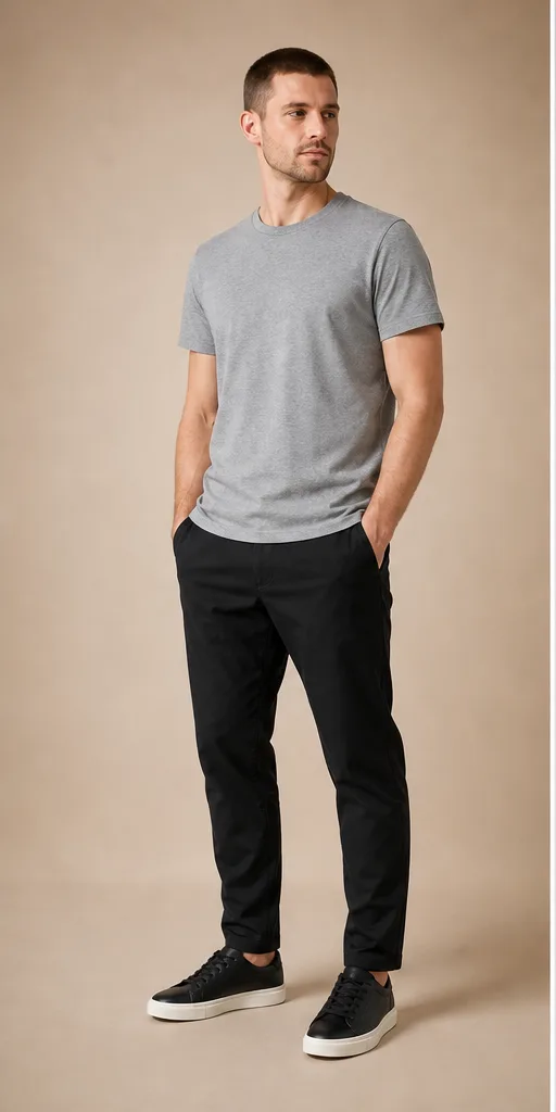 On-model base shot: an adult man in a gray T-shirt and black chinos on a soft beige studio set