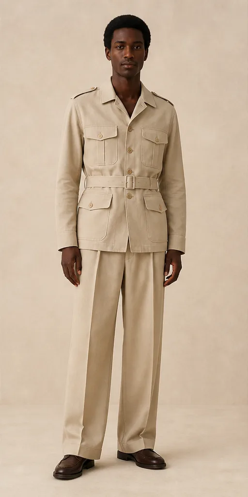 Garment to photograph: sand safari jacket with matching pleated wide-leg trousers