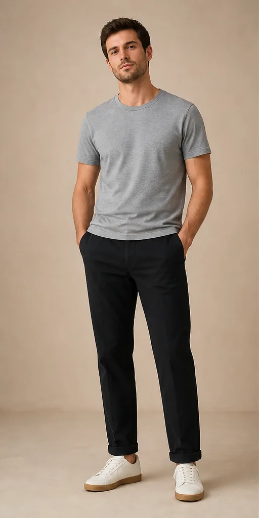 On-model base shot: an adult man in a gray T-shirt and black chinos on a soft beige studio set