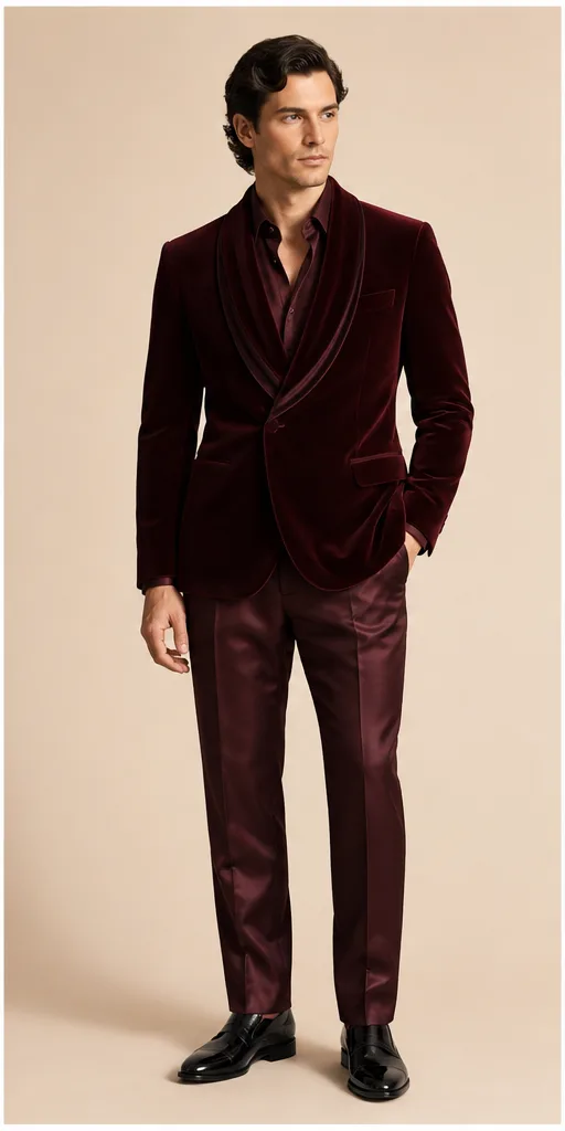 Garment to photograph: deep burgundy evening ensemble with a velvet blazer and satin trousers
