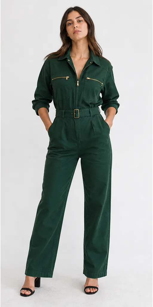 Garment to photograph: forest-green utility jumpsuit with brass hardware and a belted waist