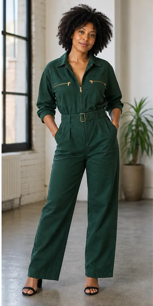 On-model product photo of forest-green utility jumpsuit with brass hardware and a belted waist