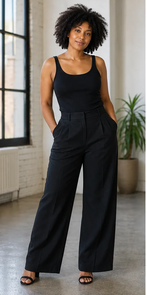 On-model base shot: an adult Black woman in a black tank and wide-leg trousers in a daylight loft