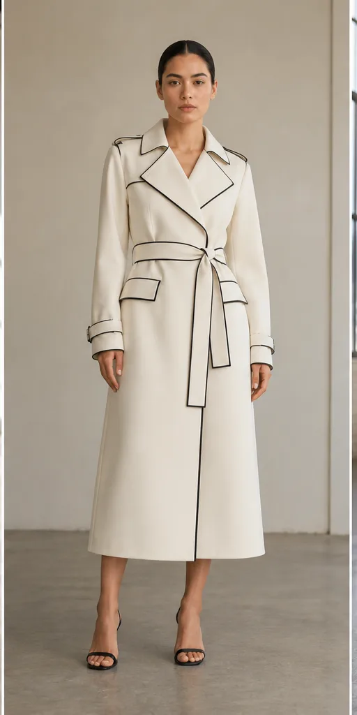 Garment to photograph: ivory architectural trench coat with crisp black piping