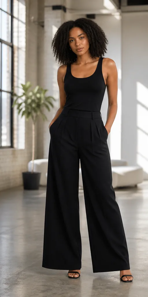 On-model base shot: an adult Black woman in a black tank and wide-leg trousers in a daylight loft