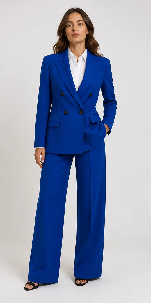 Garment to photograph: cobalt tailored double-breasted suit with a clean white shirt