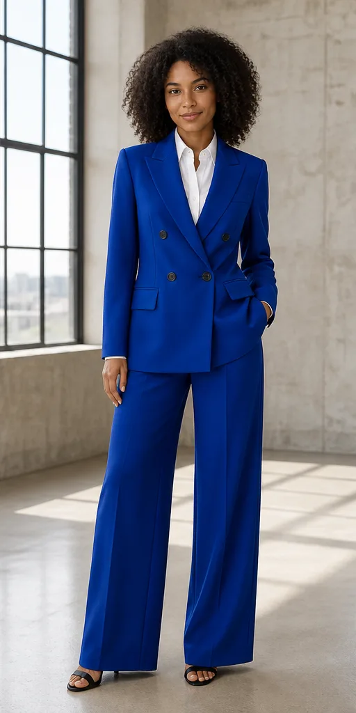 On-model product photo of cobalt tailored double-breasted suit with a clean white shirt