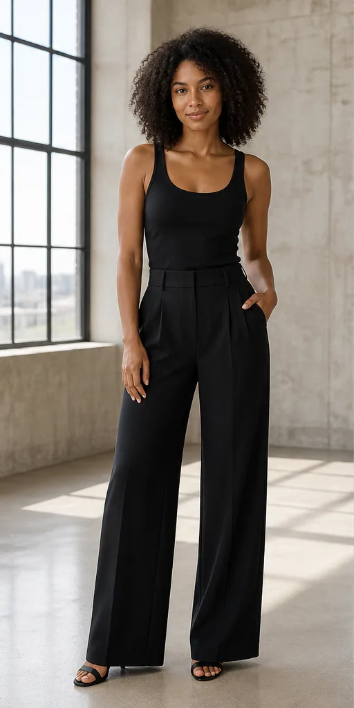 On-model base shot: an adult Black woman in a black tank and wide-leg trousers in a daylight loft