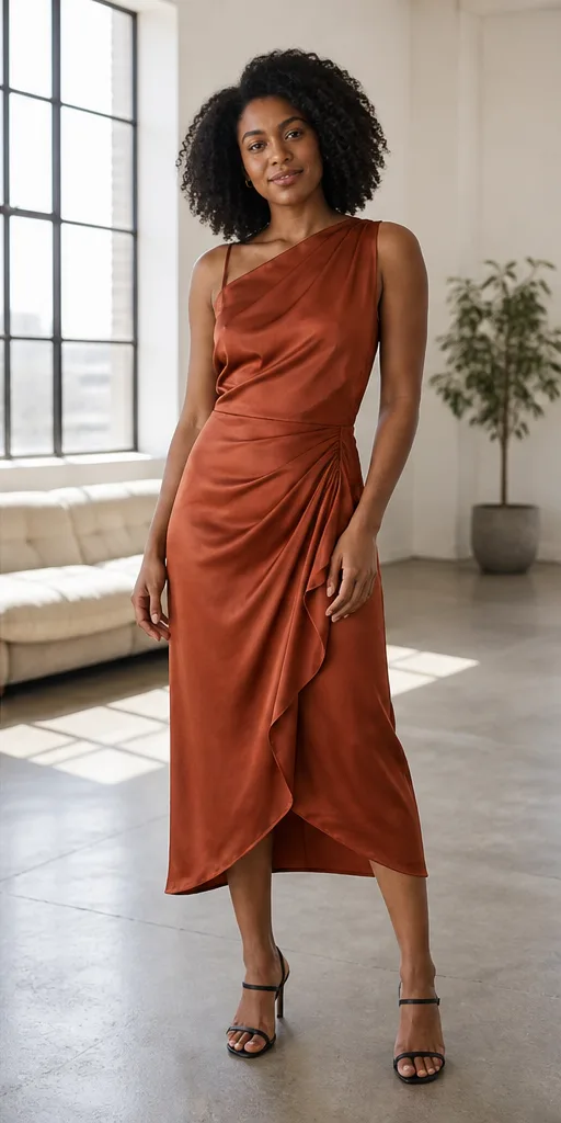 On-model product photo of rust silk midi dress with asymmetric draping and subtle sheen