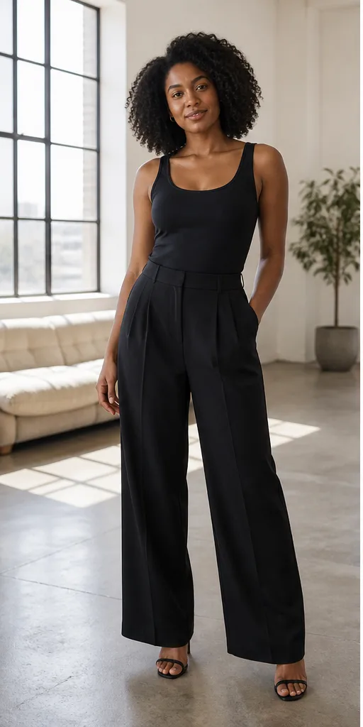 On-model base shot: an adult Black woman in a black tank and wide-leg trousers in a daylight loft