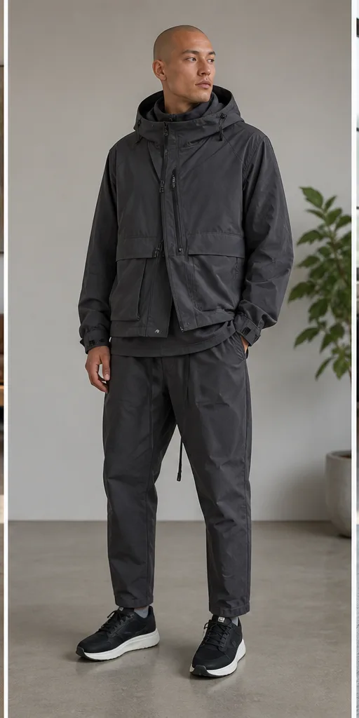 Garment to photograph: charcoal technical streetwear set with a layered jacket and tapered trousers