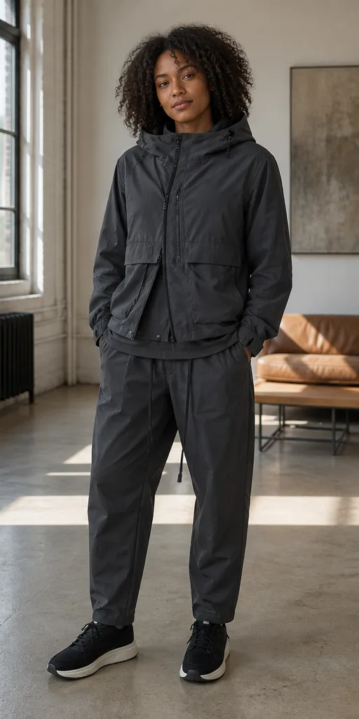 On-model product photo of charcoal technical streetwear set with a layered jacket and tapered trousers