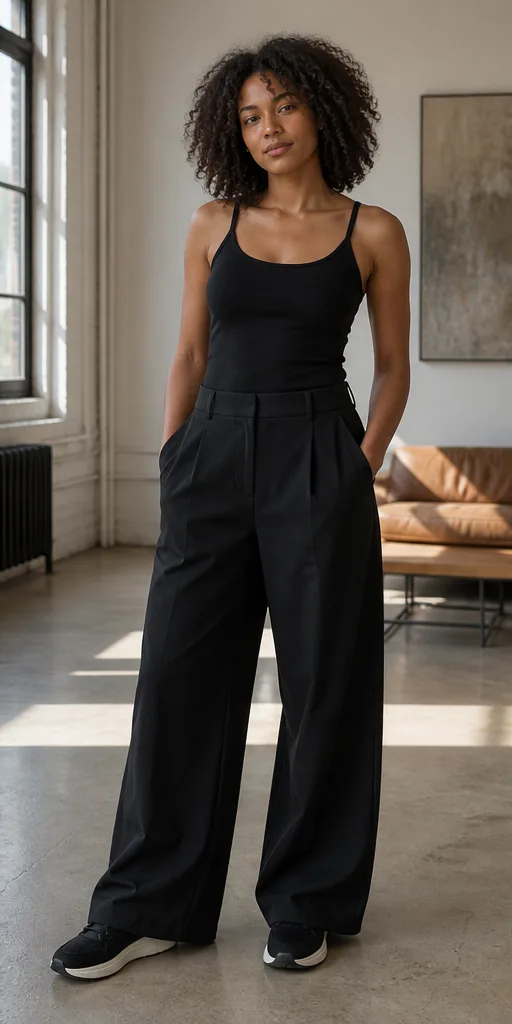 On-model base shot: an adult Black woman in a black tank and wide-leg trousers in a daylight loft