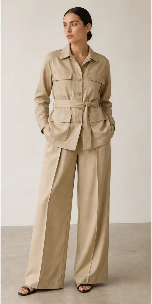 Garment to photograph: sand safari jacket with matching pleated wide-leg trousers
