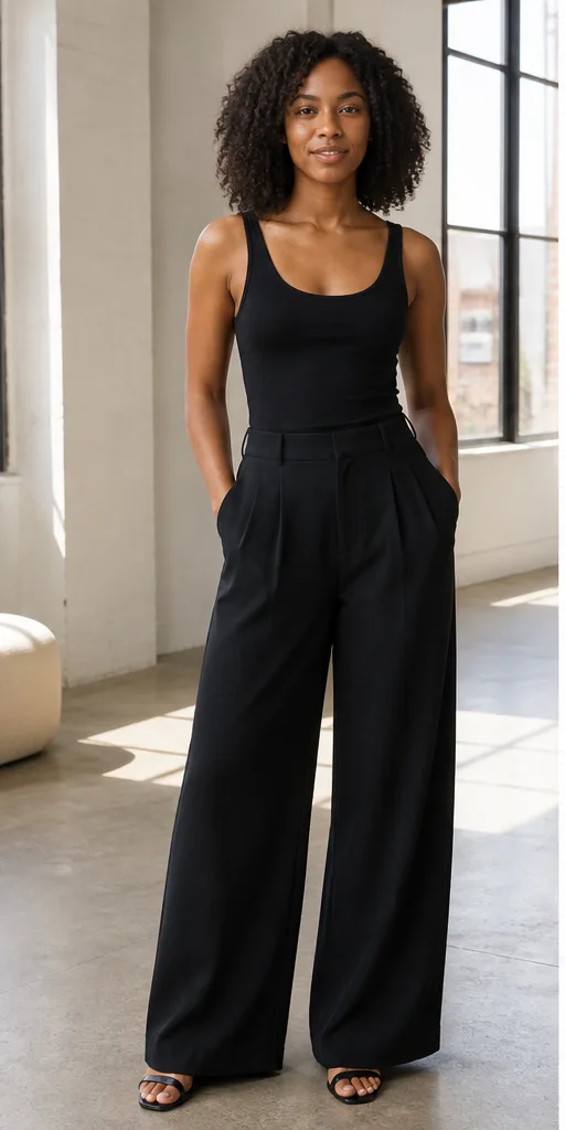 On-model base shot: an adult Black woman in a black tank and wide-leg trousers in a daylight loft