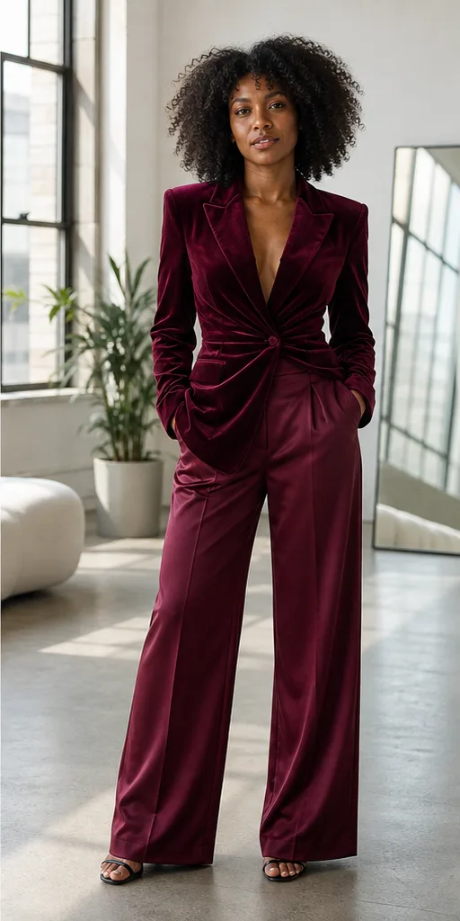 On-model product photo of deep burgundy evening ensemble with a velvet blazer and satin trousers