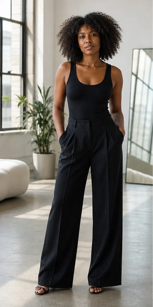 On-model base shot: an adult Black woman in a black tank and wide-leg trousers in a daylight loft