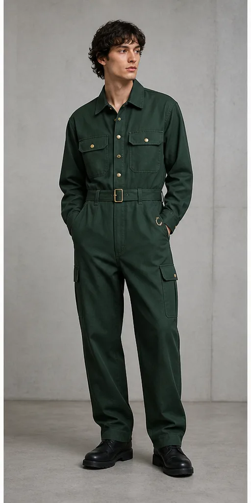 Garment to photograph: forest-green utility jumpsuit with brass hardware and a belted waist