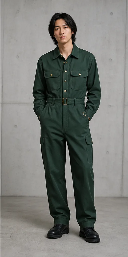 On-model product photo of forest-green utility jumpsuit with brass hardware and a belted waist